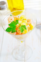 Image showing fresh salad with sweet corn and shrimps