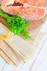 Image showing raw rice noodles and raw salmon