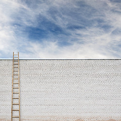 Image showing Blue sky behind the huge wall with a wooden ladder