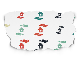 Image showing Insurance concept: House And Palm icons on Torn Paper background