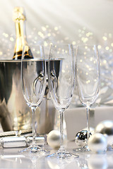 Image showing Three empty champagne glasses ready to be filled