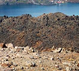 Image showing volcanic land in europe santorini greece sky and mediterranean s