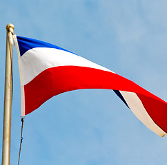 Image showing french waving flag in the blue sky  france  colour and wave