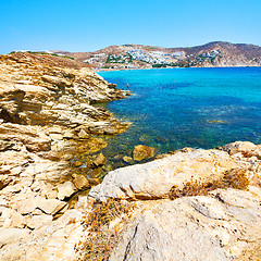 Image showing in greece the mykonos island rock sea and beach blue   sky