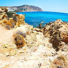 Image showing in greece the mykonos island rock sea and beach blue   sky