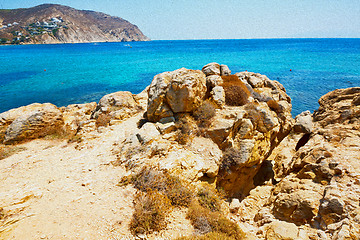 Image showing in greece the mykonos island rock sea and beach blue   sky