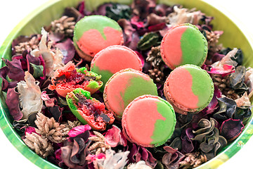 Image showing Macarons in a bowl with flower petals.