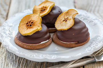 Image showing Cakes with apple souffle and chocolate.