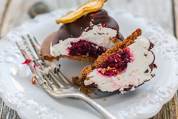 Image showing Plate with a souffle cake and fork.