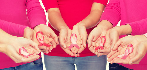 Image showing close up of women with cancer awareness ribbons