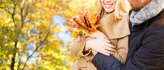 Image showing close up of couple hugging over autumn background