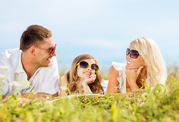 Image showing happy family with blue sky and green grass