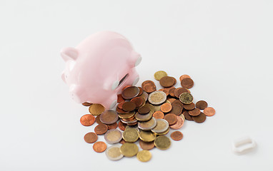 Image showing close up of euro coins and open piggy bank