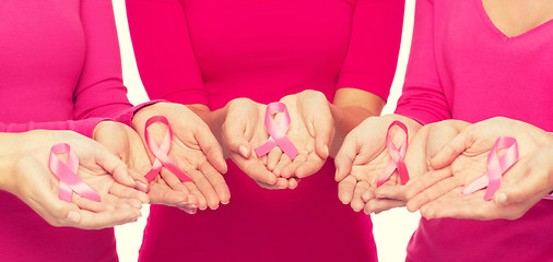 Image showing close up of women with cancer awareness ribbons