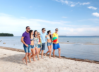 Image showing group of happy friends walking along beach