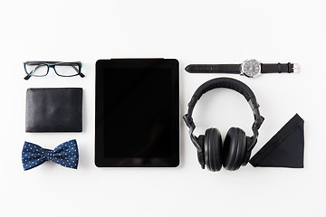 Image showing tablet pc, headphones with hipster personal stuff