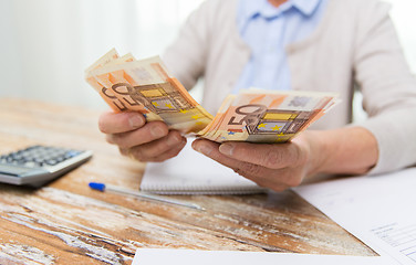 Image showing close up of senior woman counting money at home