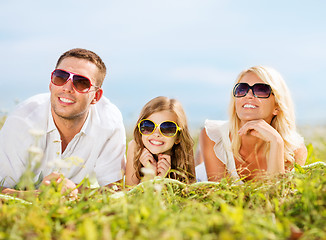 Image showing happy family with blue sky and green grass