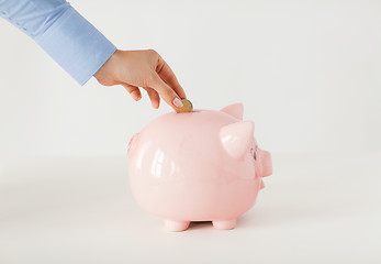 Image showing close up of hand putting coin to piggy bank