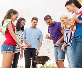 Image showing group of friends having picnic on beach