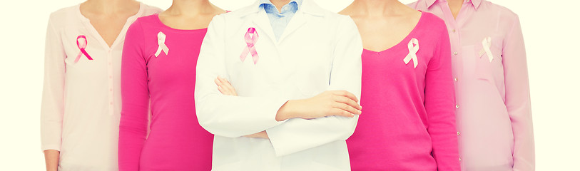 Image showing close up of women with cancer awareness ribbons