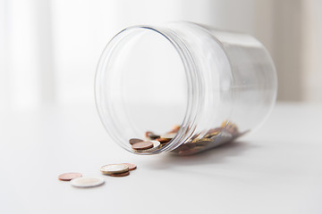 Image showing close up of euro coins in glass jar on table