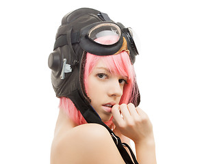 Image showing topless pink hair girl in aviator helmet