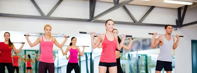 Image showing group of smiling people working out with barbells