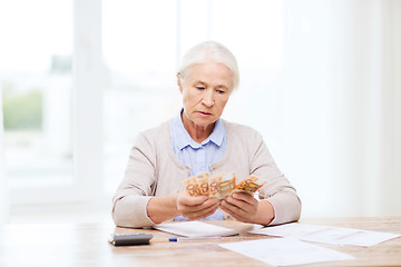 Image showing senior woman with money and papers at home