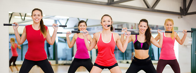 Image showing group of smiling people working out with barbells