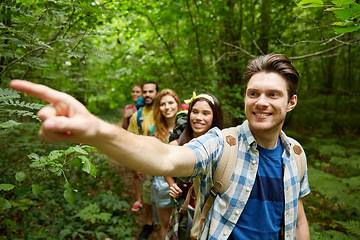 Image showing group of smiling friends with backpacks hiking