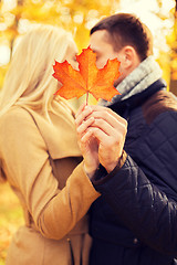 Image showing close up of couple kissing in autumn park