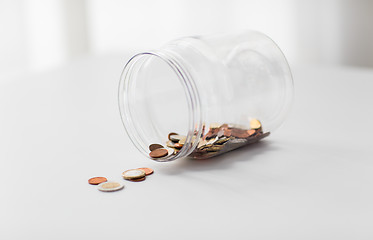 Image showing close up of euro coins in big glass jar on table