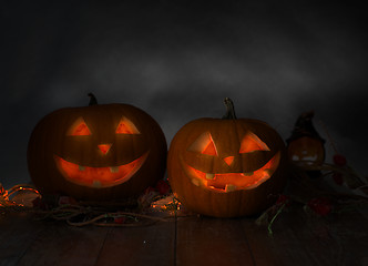 Image showing close up of pumpkins on table