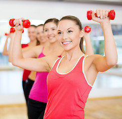 Image showing group of smiling people working out with dumbbells