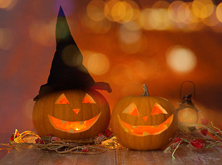 Image showing close up of pumpkins on table