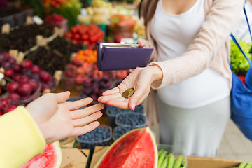 Image showing pregnant woman with wallet buying food at market