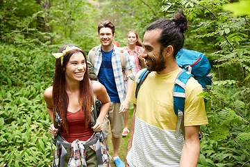 Image showing group of smiling friends with backpacks hiking