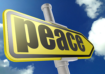 Image showing Yellow road sign with peace word under blue sky