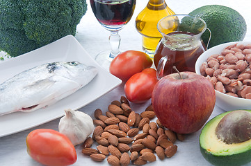Image showing 10 foods to lower cholesterol : tea , avocado , fruit , vegetabl
