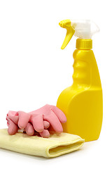 Image showing Spray Bottle with pink Gloves