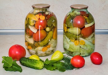 Image showing  A variety of canned vegetables in glass jars.