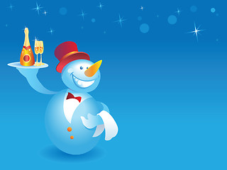 Image showing Snowman-waiter with champagne on blue