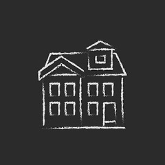 Image showing Two storey detached house icon drawn in chalk.