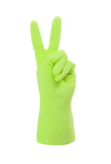 Image showing Green cleaning glove, victory sign