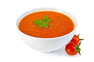 Image showing Soup tomato in white bowl with cherry tomatoes