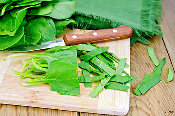 Image showing Spinach shredded with knife on board