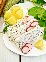 Image showing Terrine of curd with potatoes on board