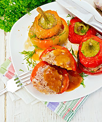 Image showing Pepper stuffed meat and rice with sauce in plate