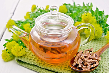 Image showing Tea of Rhodiola rosea in glass teapot with spoon on board